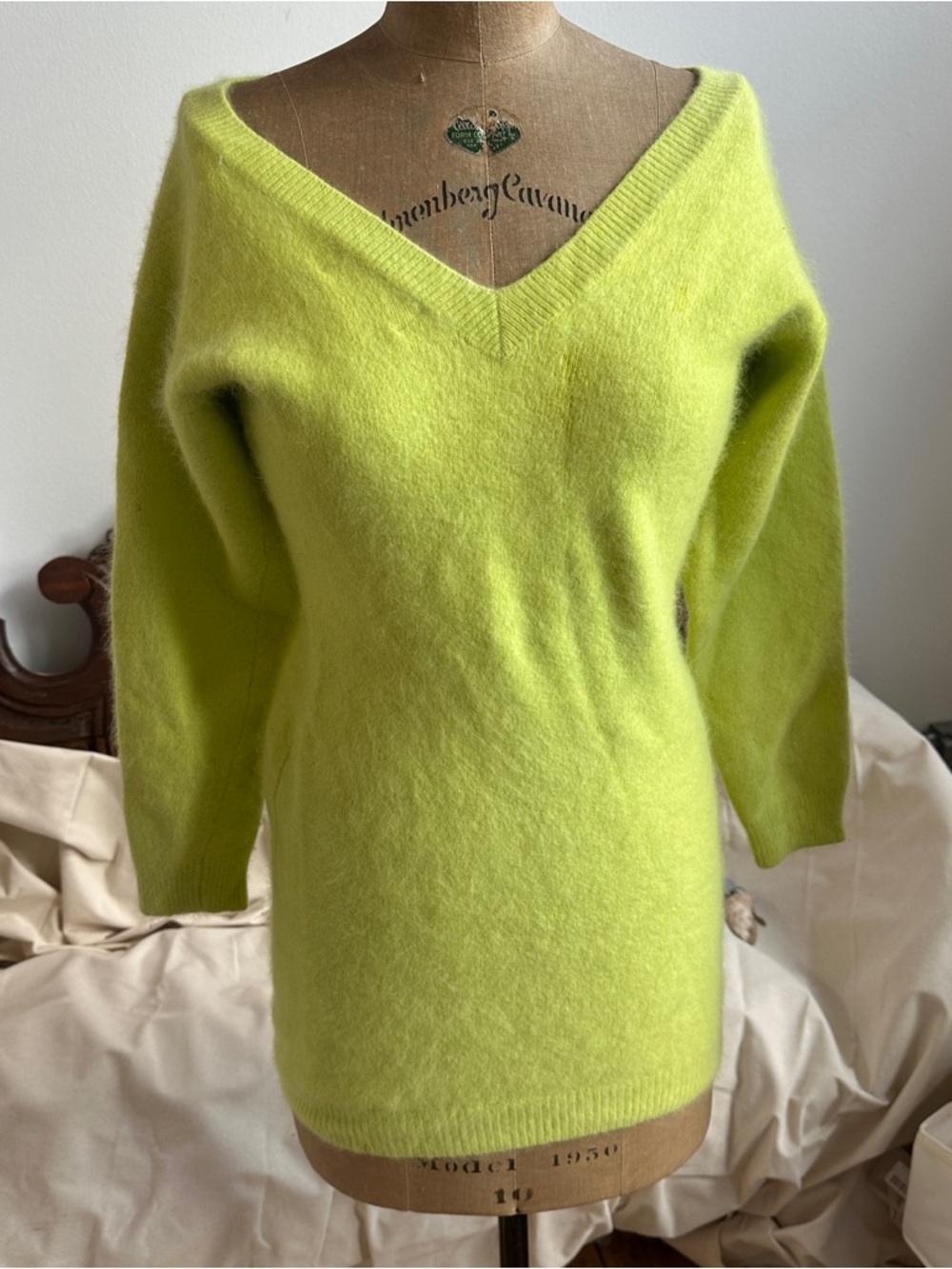 90s Angora Buttery Soft V-Neck Women's Sweater Dress  in Lime Green